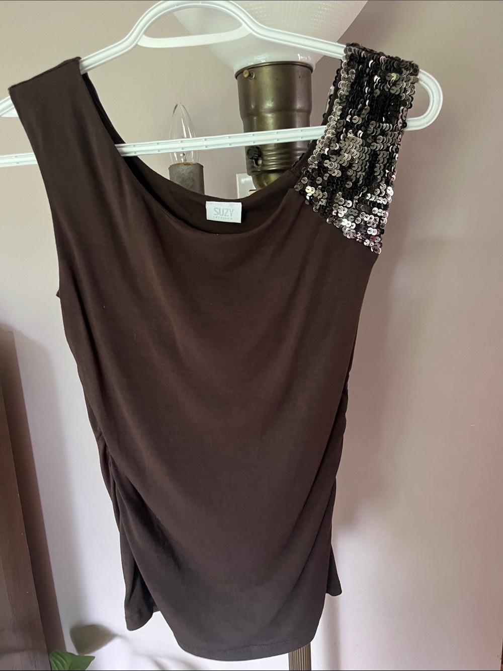 SUZY Brown One-Shoulder Top with Sequin Accent